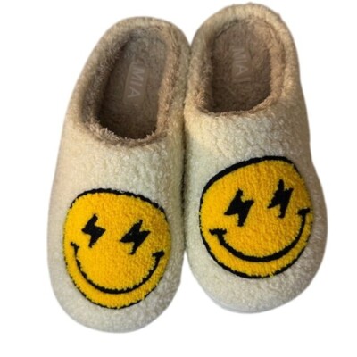 Mia Smiley Face Faux Fur Slippers Size 9M Beige & Yellow Cozy Comfort Footwear-image