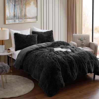 NEW!~ COZY ULTRA SOFT PLUSH MODERN SHAGGY FLUFFY LUXURY BLACK FUR COMFORTER SET-image