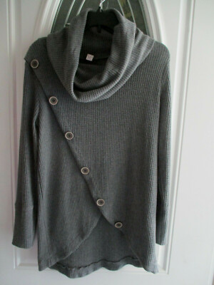 CY Fashions Sweater Women's Sz. M Cowl Neck Waffle Knit Accent Buttons Gray-image