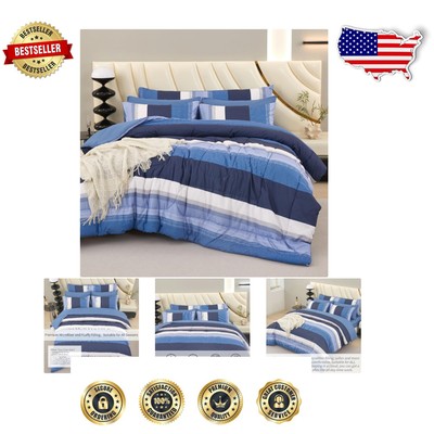 8-Piece Navy Blue Geometric Bedding Set - Cozy and Modern Style Comforter-image
