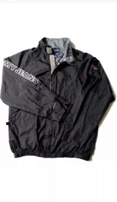 VTG 90s Tommy Hilfiger JeansSpell Out Logo Black WindbreakerJacket Size L-image
