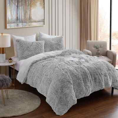 NEW!~ COZY ULTRA SOFT PLUSH MODERN LUXURY FLUFFY SILVER GREY FUR COMFORTER SET-image