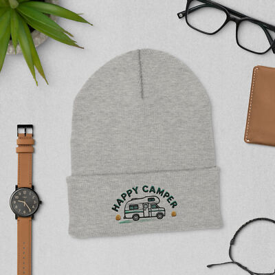 Happy Camper Embroidered Cuffed Beanie  Cozy Comfort for Every Adventure-image