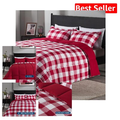 Cozy Red/White Plaid Twin Comforter Set with Pillow Sham - Microfiber Luxury-image