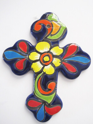 Southwestern Design Handpainted Ceramic Talavera Cross Cobalt blue  8 1/4 inch-image