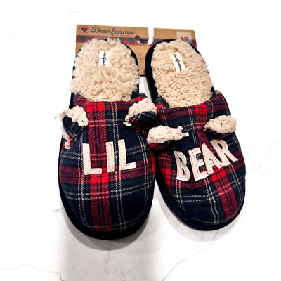 NEW Dearfoams Cozy Comfort “Lil Bear” Kids’ Red Plaid Slip On Slippers Youth 4/5-image