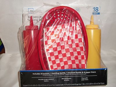 Red BBQ Serving Picnic Food Deli Sandwich Fish Basket Mustard Ketchup Set Patio-image