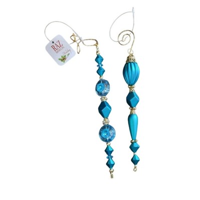 Vintage Raz Imports Christmas Ornaments Set - Blue Gold Beaded Elegant Decor NEW-image