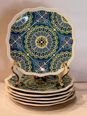 Retired Pier 1 Imports 6 Salad Plates (Atlas) Turquoise Blue Scalloped Tile New-image