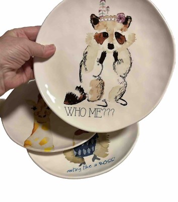 Set Of 3 Pie 1 Imports Ironstone Fun Animal Saying Plates Giraffe Raccoon & Owl-image