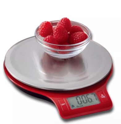 Mainstays Round Stainless Steel Digital Kitchen Scale, Red Automatic Shut-Off-image
