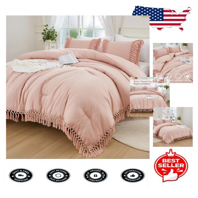 3-Piece Queen Pink Boho Comforter Set with Tassels - Cozy All-Season Bedding-image