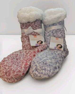 2 Pr Cozy Popcorn Knit Sherpa Slipper Socks NonSlip Pink Purple L/XL CalfLength -image
