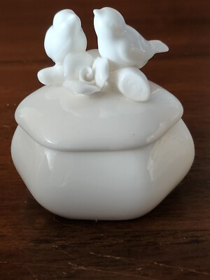 Vintage I.W.Rice White Porcelain Hexagon Trinket Box Bird Flower Irice Import T1-image