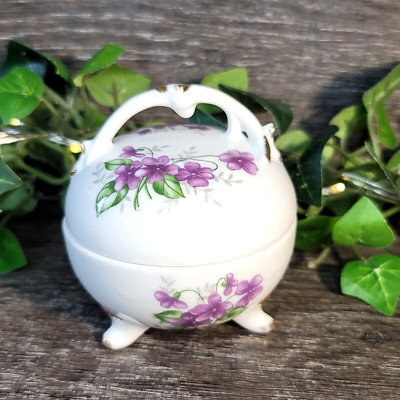 Vintage Round Trinket Box. Purple Flowers. Porcelain. Our Own Imports Japan. -image