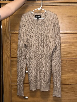 Express Women’s Cable Knit Crew Neck Beige Sweater M Tall Super Soft!!-image