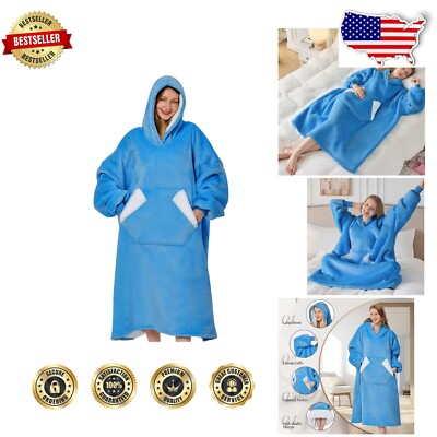 Ultra-Warm Sherpa Fleece Wearable Blanket Hoodie - One Size Fits All Blue-image