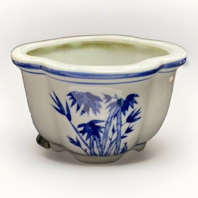Vintage AAA Imports Blue And White  Chinoiserie Footed Planter  Bamboo Design-image