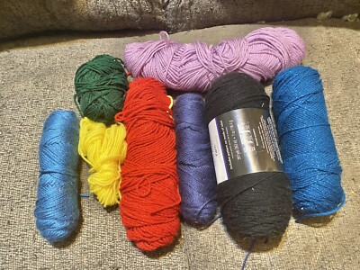 8 Assorted Rolls Of Yarn Lot Purple Yellow Block Green Blue Red-image