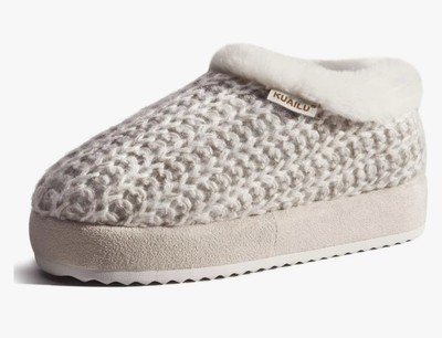 NWT/ KuaiLu Women’s Platform Slippers Cozy Fuzzy Knit Hard Sole Cream Beige 10-image