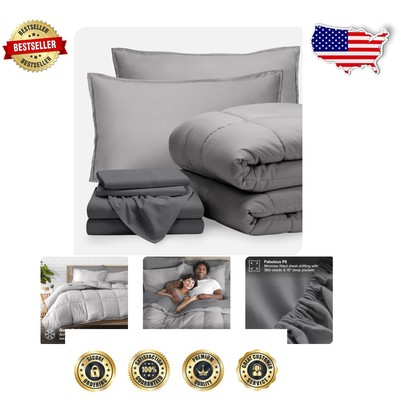 Cozy All-Season King Comforter Set - 7 Piece Light Grey Microfiber Collection-image
