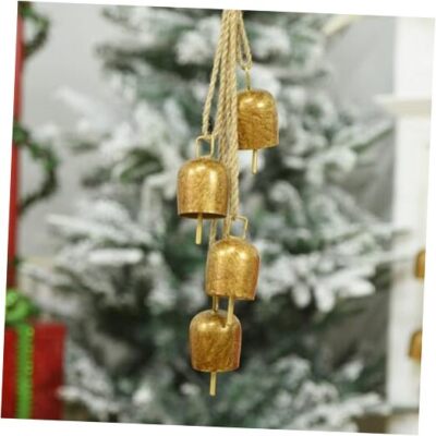 Gold Metal Vintage Bells with Jute Hanging Rope, Antique Gold - 4 Bells Set-image
