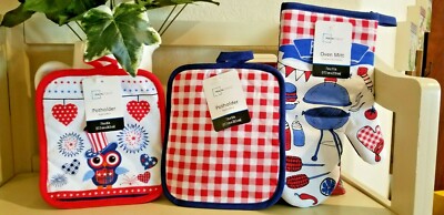 NEW! NWT 2 POTHOLDERS & 1 OVEN MITT~AMERICANA RED WHITE BLUE PATRIOTIC MILITARY-image