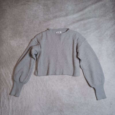 Cropped Angora Wool Sweater Jumper Womens Medium Large Grey Balloon Sleeve Rib-image