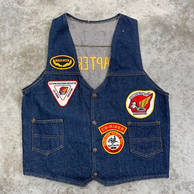 Vintage Gold Wind Riders vest mens Medium Denim blue motorycle patches harley-image
