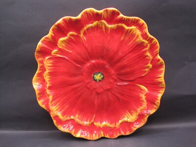 PIER 1  Earthen Ware Red Poppy Flower Appetizer Dessert Plate Hand Painted-image