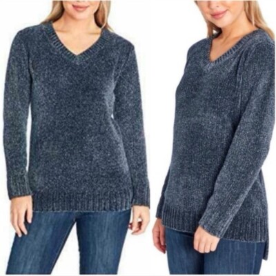 Orvis Chenille V-Neck Tunic Sweater Marled Navy Blue Size Large Soft Cozy Casual-image