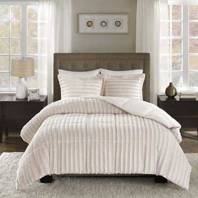 NEW! ~ COZY  ULTRA SOFT CHIC PLUSH MODERN LUXURY BEIGE WARM FUR COMFORTER SET-image