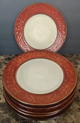 Set Of 5 Pier 1 Imports Red Scroll Dinner Plates Stoneware Pier One -image