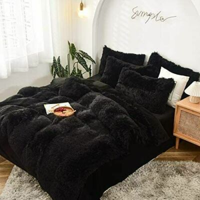 NEW! ~ COZY ULTRA SOFT & PLUSH LUXURY FLUFFY FAUX BLACK LONG FUR COMFORTER SET-image