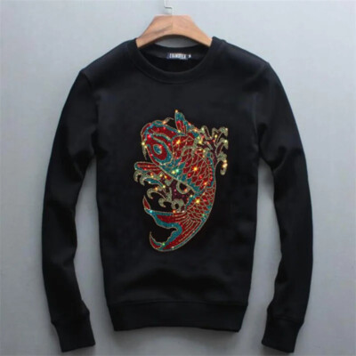 New Fashion Men Fish Trend Rhinestones Velvet Winter Warm Sweatshirt Hoodie-image