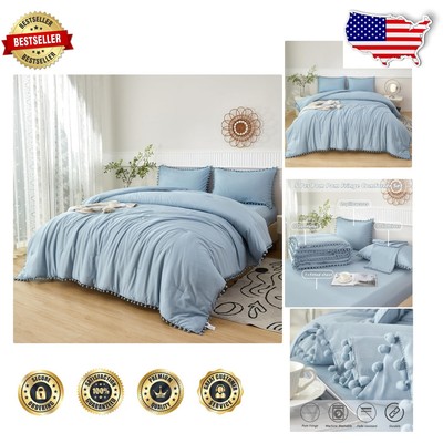 5-Piece Full Size Pom Pom Comforter Set in Grayish Blue - Perfect for Kids-image