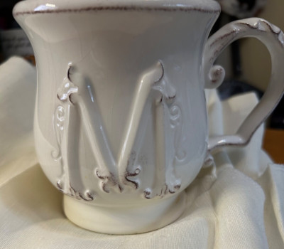 PIER 1 IMPORTS Earthenware Elizabeth Mug Letter “M” Monogram White CoffeeCup-image