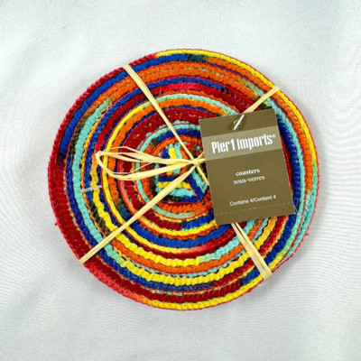 Pier 1 One Imports Round Woven Colorful Coasters Set/4 Boho Rainbow Multi Color-image