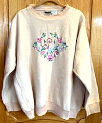 Vintage Second Wind Sweater Solid Beige Soft Pull On Flower Embroidery Sz: L-image