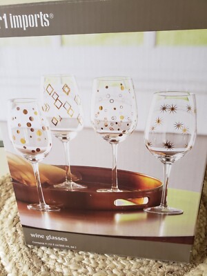 Pier 1 imports Holiday stem wine glasses set of four clear with gold design New -image