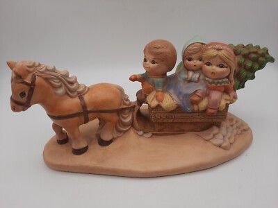 Vtg Ceramic Hand Painted Sleigh Ride w/Children Byron Mold Wind Up Plays Music-image