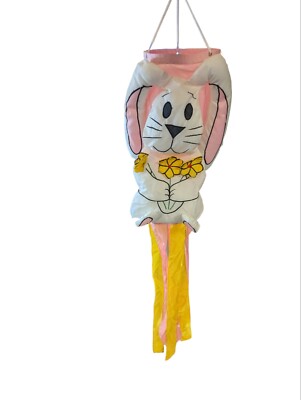 Vintage Easter Garden Nylon Wind Sock Easter Bunny Flowers Tassels Tails Flag-image