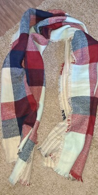 Red Camel Wrap Scarf Beige Plaid 2 Sided Cottagecore Fringe Trim 72x26 Appr-image