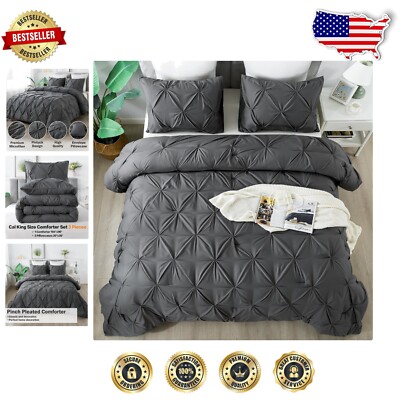 All-Season California King Microfiber Comforter Set - Modern Pinch Pleat Style-image