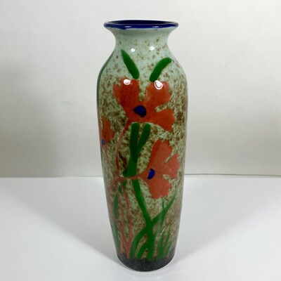 Pier 1 Imports Hand-Painted Poppies Floral Design Ceramic Vase Blue Rim VTG-image