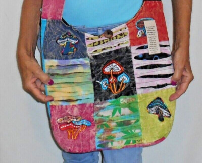 KATHMANDU IMPORTS  Handmade HOBO BAG Multi-Color Patchwork EMBROIDERED MUSHROOMS-image