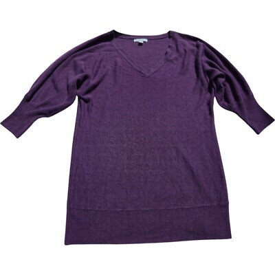 New York & Company Purple V-Neck 3/4 Sleeve Sweater S Lightweight Rib Hem Cozy-image