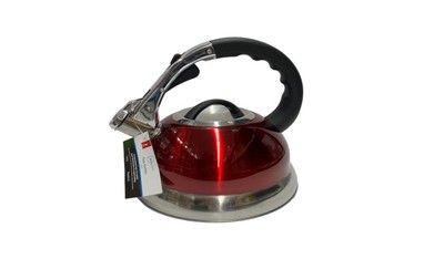 Mainstays 3 Liter Whistling Tea Kettle, Stainless Steel, Red-image