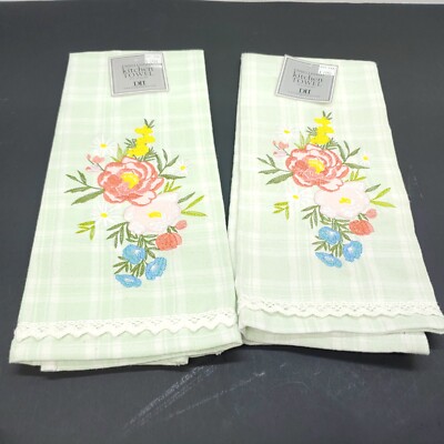 Design Imports Embellished Kitchen Towel Embroidered Flowers 18x28 inches Green-image