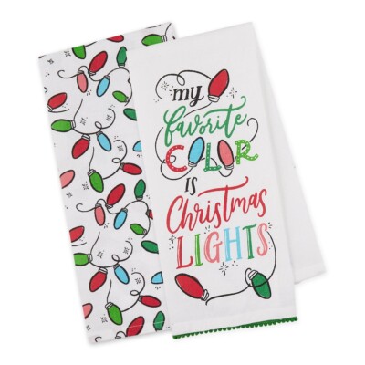 Design Imports DII Favorite Color Christmas Lights Holiday Dishtowel Set 2 NWT-image